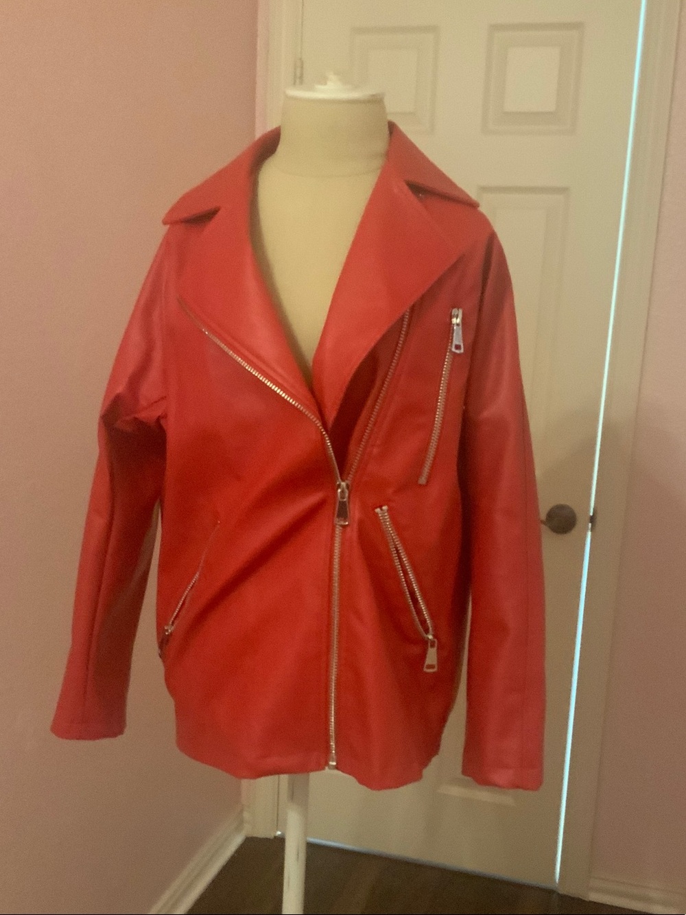 Maeve Red Faux Leather Moto Jacket with Silver Zippers